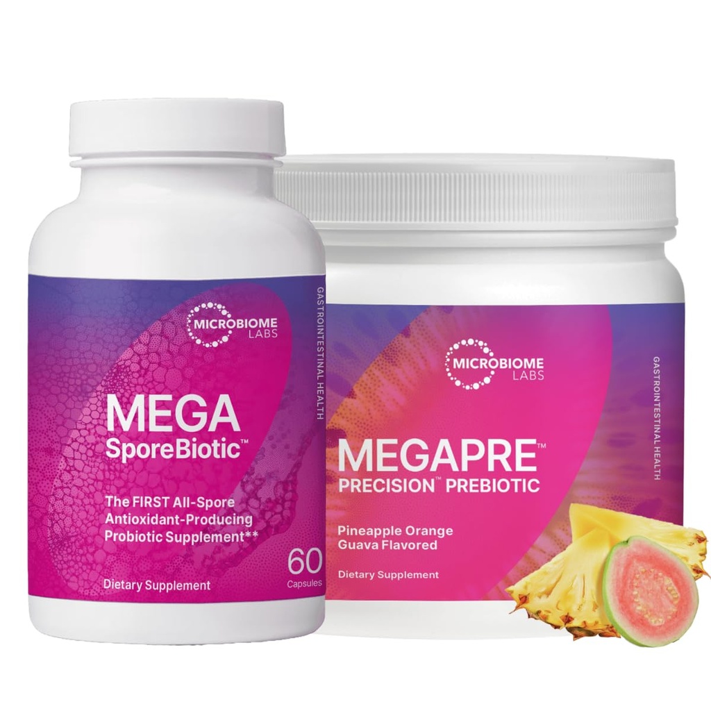 Microbiome Labs MegaSporeBiotic (60 capsule) + MegaPre (5.5 oz pulbere) Probiotic Prebiotic Bundle - Spore-Based Probiotic cu pulbere de fibre prebiotice