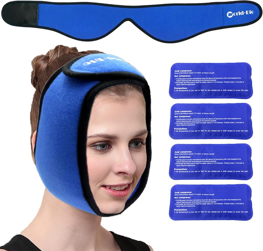 Face Ice Pack Wrap pentru TMJ, Wisdom Teeth, World-BIO Jaw Wrap cu 4 Reutilizabile Hot Terapie fierbinte Gel Packs pentru cap, Chin, Chirurgie orală și facială, Durere pentru Umflare, Leziuni, Implante dentare