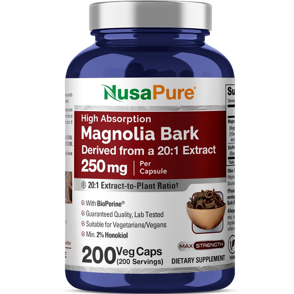 NusaPure Magnolia Bark 20:1 Extract, 250 mg echivalent cu 5000 mg 200 capsule vegetariene vegetare Non-GMO