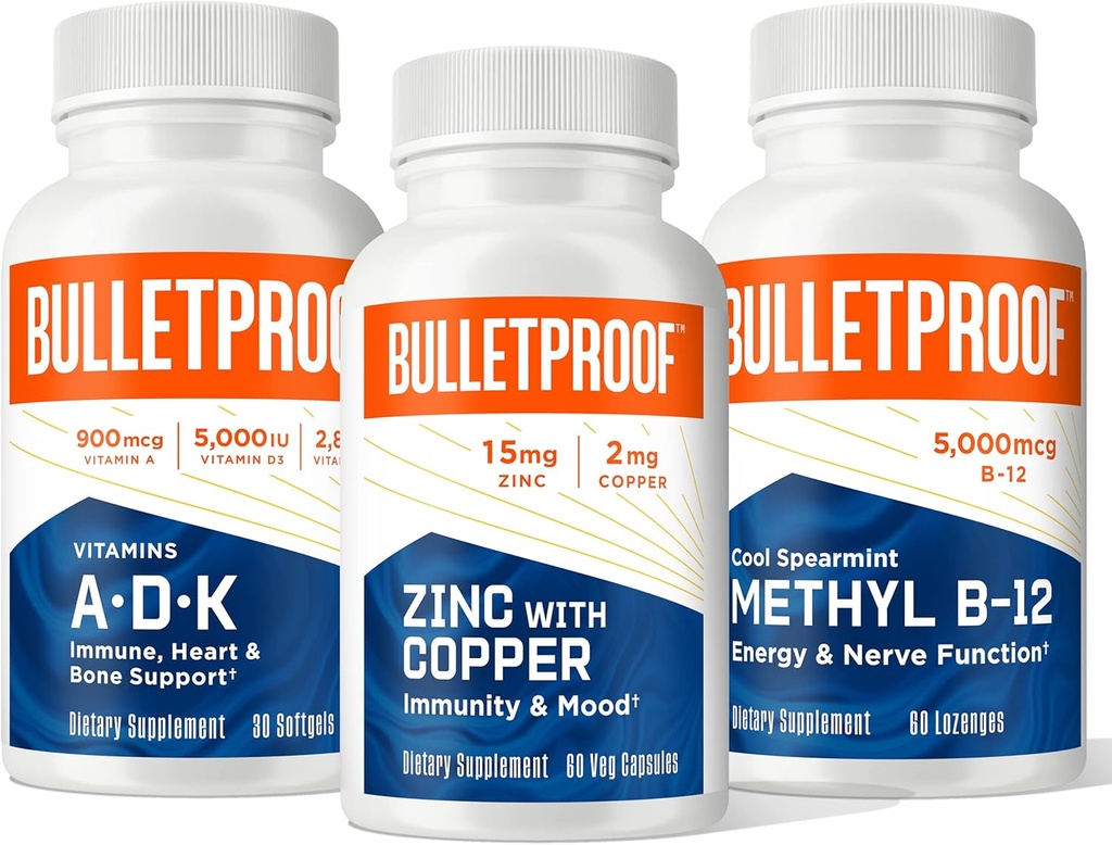 Bulletproof Triple Threat Putere Bundle, Vitamine A-D-K, 30 Softgels, Zinc cu cupru, 60 capsule, metil B-12, Spearmint Flavor, 60 Lozenges