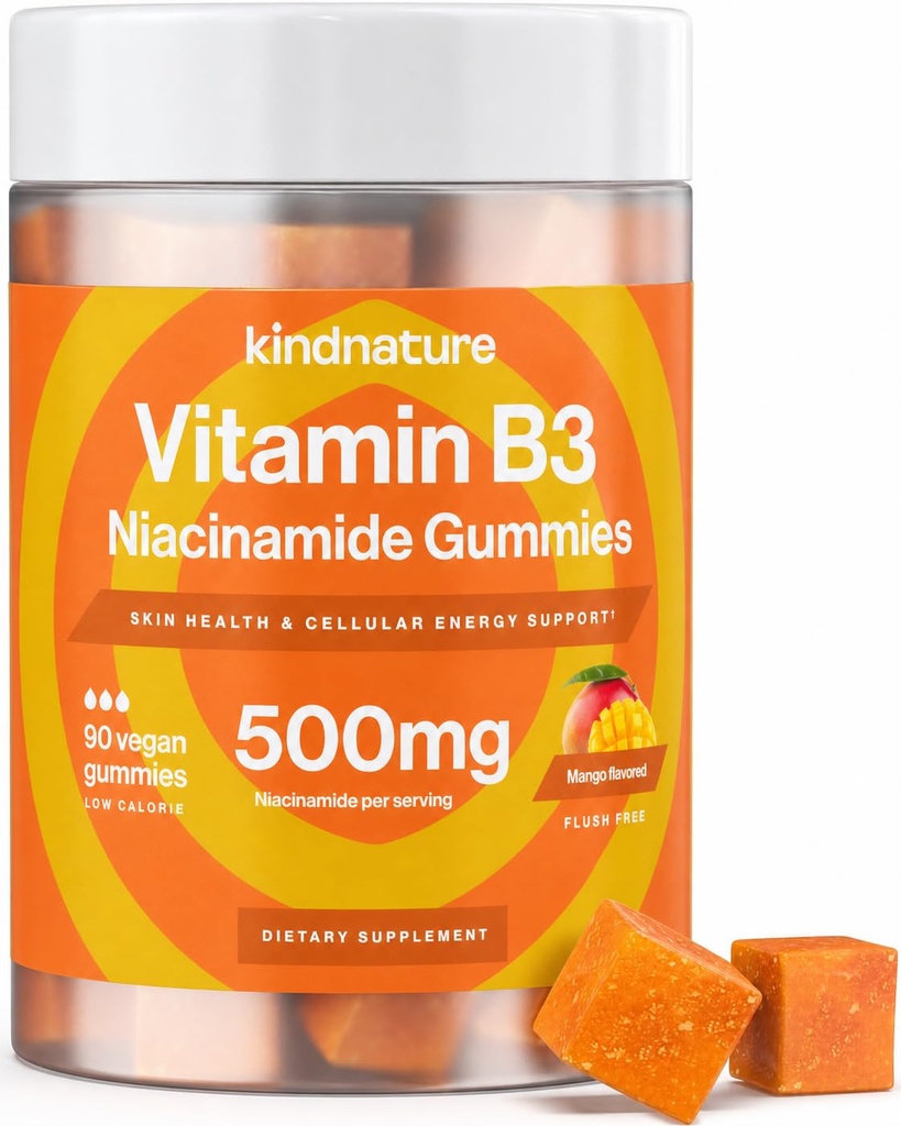 natura natura vitamina B3 Niacin Gumies - Flush Free Niacinamidă 500mg Supliment - Vegan, Non-GMO, Low-Calorie, Gluten-Fee, 3rd Party Lab testat - 1 lună de aprovizionare, 90 Gume masticabile