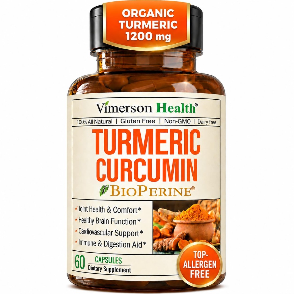 Suplimentul cu curcuminÄ turmeric - 1200 mg Turmeric organic + Extract tumeric (95% Curcuminoide) pentru suport comun si sanatate digestiva - Supliment turmeric - Curcumina pura cu ardei negru - 60 capsule