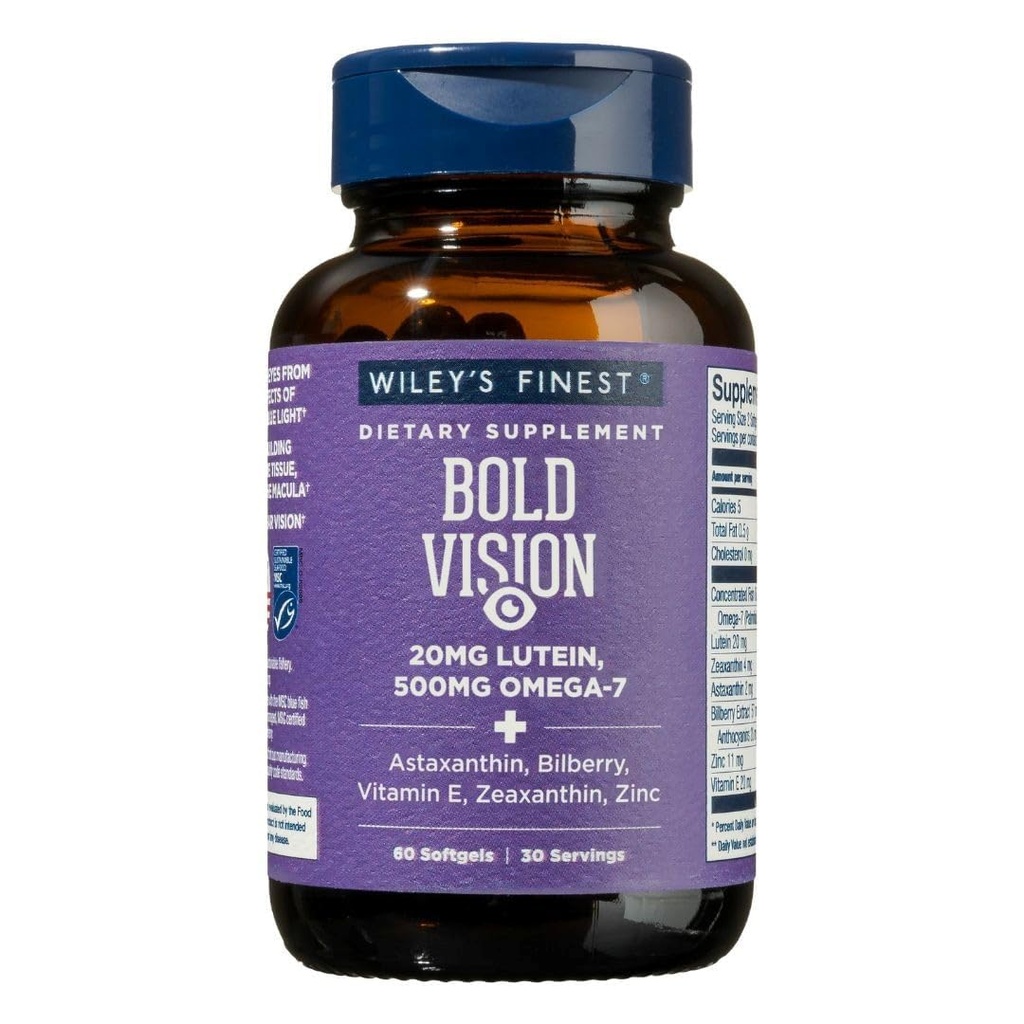 Wiley's Finest Wild Alaskan Fish Oil Bold Vision - Fish Oil Eye Health Supplement with Lutein, Zeaxantină, Bilberry, Omega-7, Vitamina E, and Zinc - 60 Softgels (30 Servings)