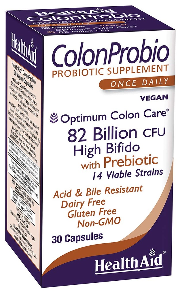 HealthAid ColonProbio 82 Miliarde cu Prebiotic, 14 Strains, Once Daily, 30ct, Optimum Colon Care, Acid & Bile Resistant, Dairy Free, Gluten Free, Non-GMO