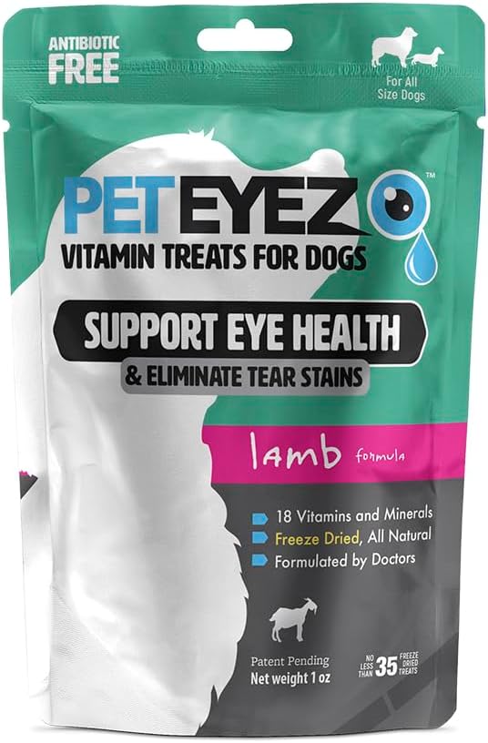 PetEyez Tear Stain Remover Vitamine Trateaza pentru câini - Suport ochi Sănătate și reducerea mâncărimi & Tear Stain Buildup - 100% Tratează câini naturale cu Superfoods, Antioxidanți și Nutrients - Lamb Flavor - 1 oz