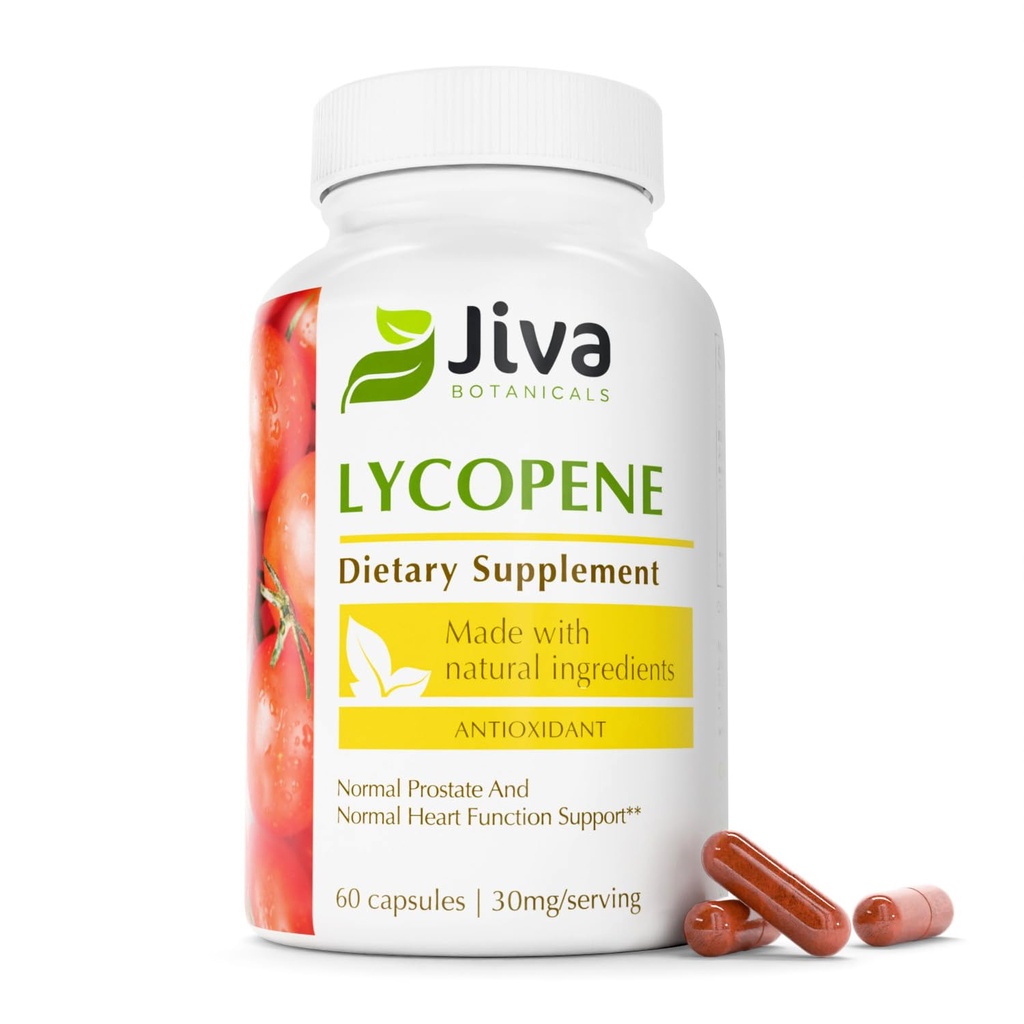 Jiva Botanicals Licopen supliment 30mg - Suport antioxidant pentru suport normal de prostata si sanatate cardiaca - Licopen din extract de tomate - Made in The USA - Non OMG, Vegan - 60 capsule