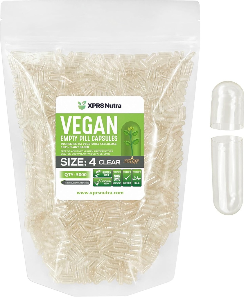 XPRS Nutra Dimensiune 4 Capsule goale - 5000 Conte capsule Vegan mici și clare - DIY Capsule vegetale de umplere - Fillable Do-It-Yourself Veggie Pill Capace pentru suplimente