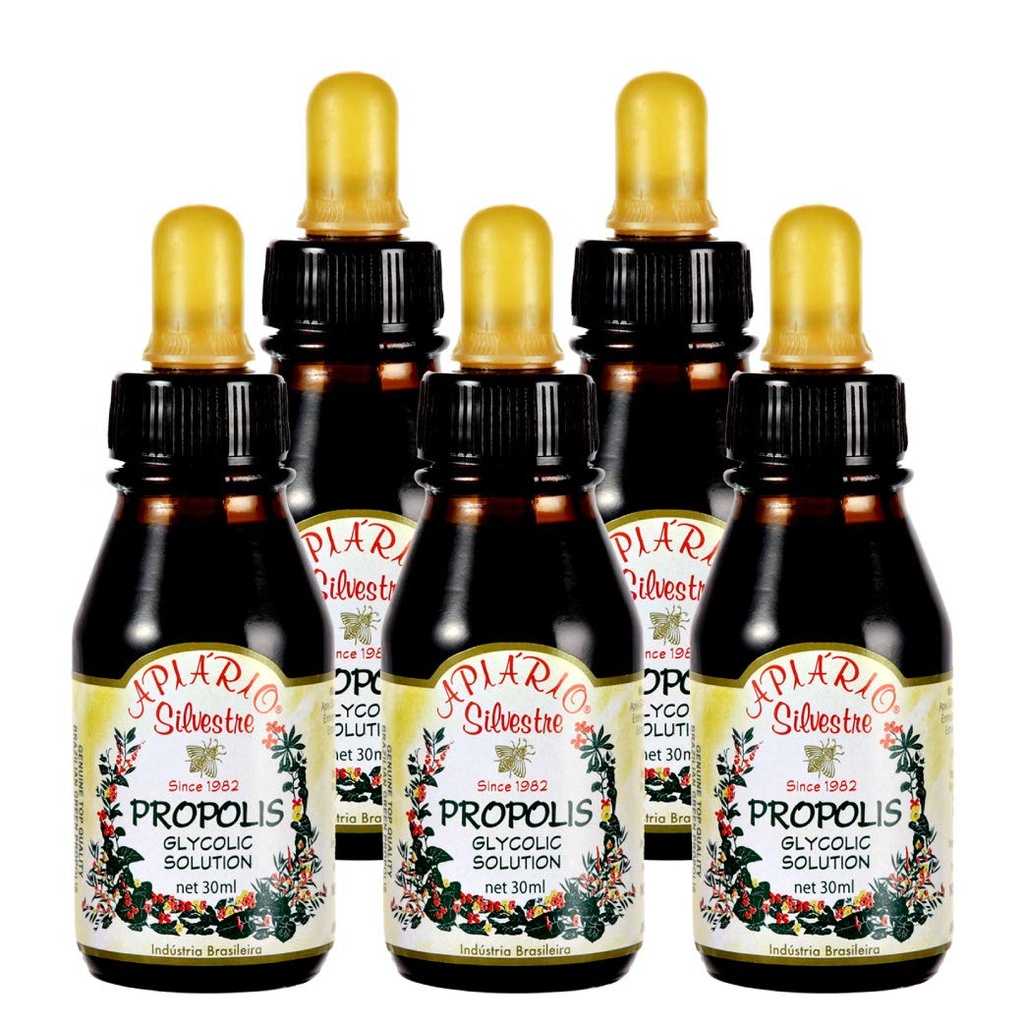 Distribuitor oficial - 5 Sticle de Apiario Silvestre Brazilian Green Bee Propolis lichid Extract de glicolic-nealcoolic, Wax gratuit, Sugar Free (PG)