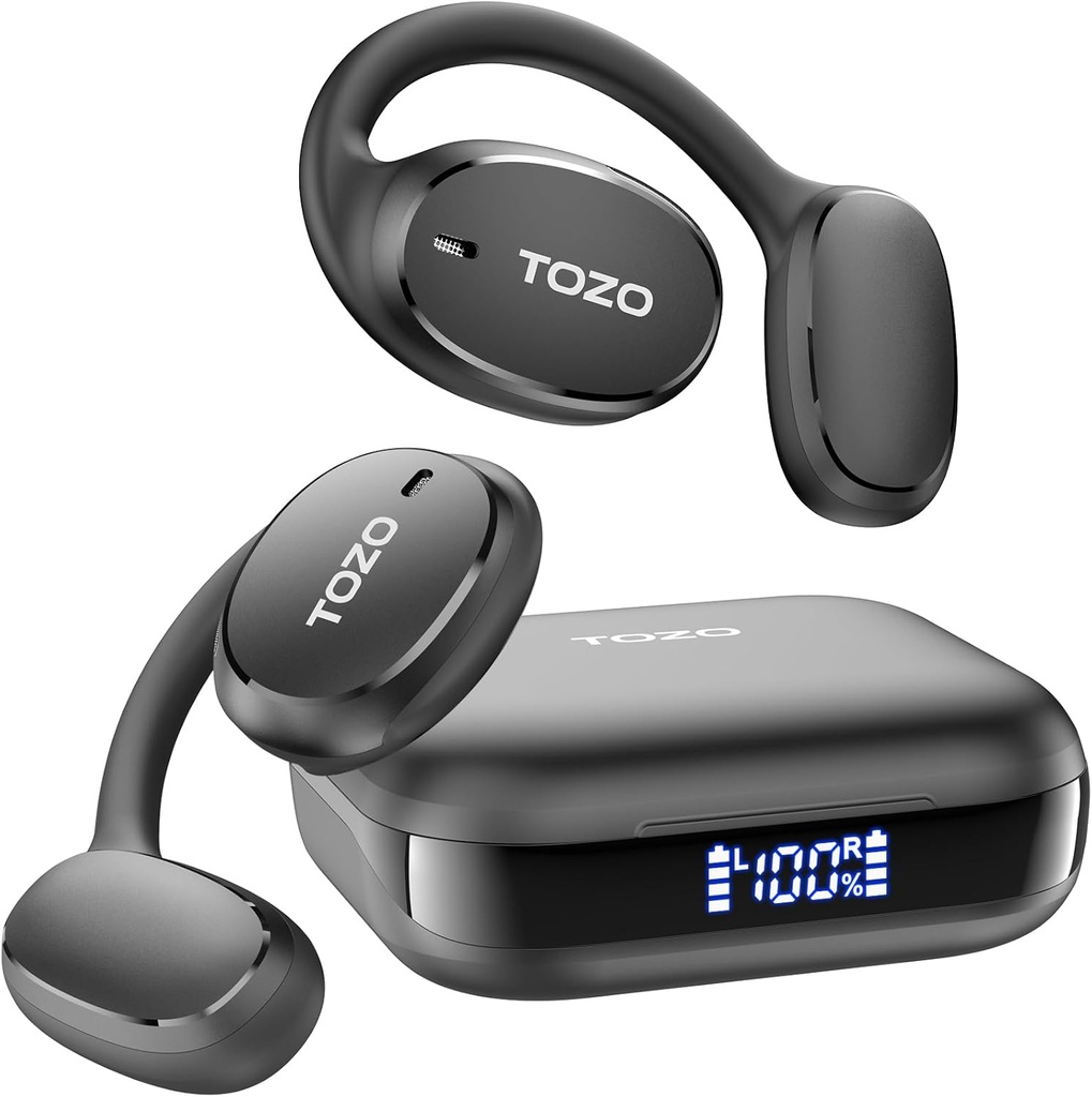 TOZO OpenEgo Open Earbuds Bluetooth Headphones, 80Hrs Playtime Hearbuds wireless cu earhooks, Digital Display, 32 EQ Modes, Clear Call, Confortable Wear, Sweat-Proof for Running Workout Black