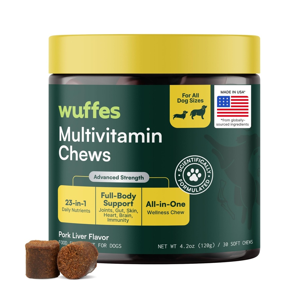 Wuffes 23-in-1 Dog Multivitamine Supliment pentru Hip & Joint, Skin & Coat și Sistemul imunitar Suport cu Omega 3, Fier, Zinc, Vitamina C - Minerale și vitamine pentru câini și căței în vârstă - 30 Soft Chews