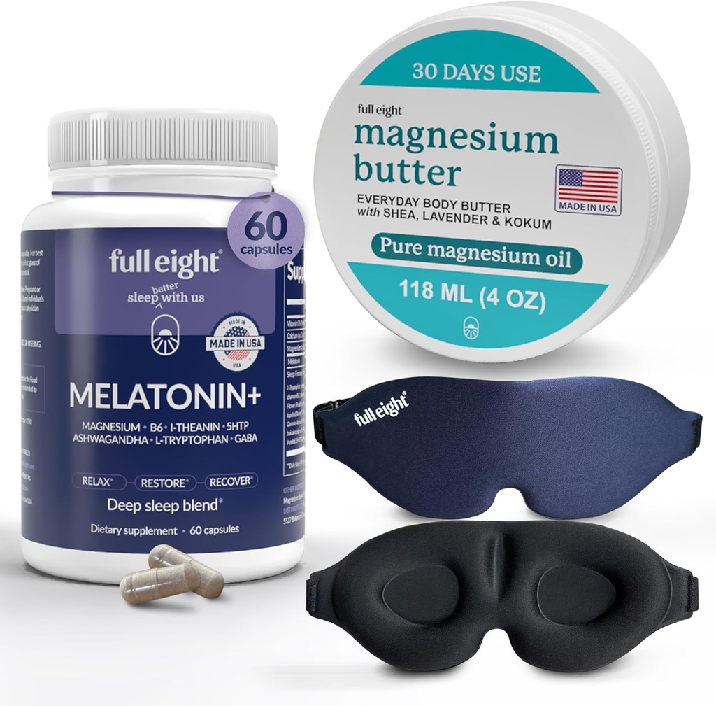 Sleep Bundle: 3D lumina blocarea Masca de somn, Melatonin + rapid dizolva Melatonina Suplimente 60 capsule, și unt de magneziu corp pentru picioare tensionate & musculare strânse, 4oz Cream