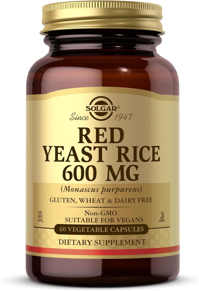 Solgar Red Yeast Rice 600 mg - 60 Capsule vegetale - non-GMO, Vegan, Gluten Free, Dairy Free, Kosher - 30 Servings