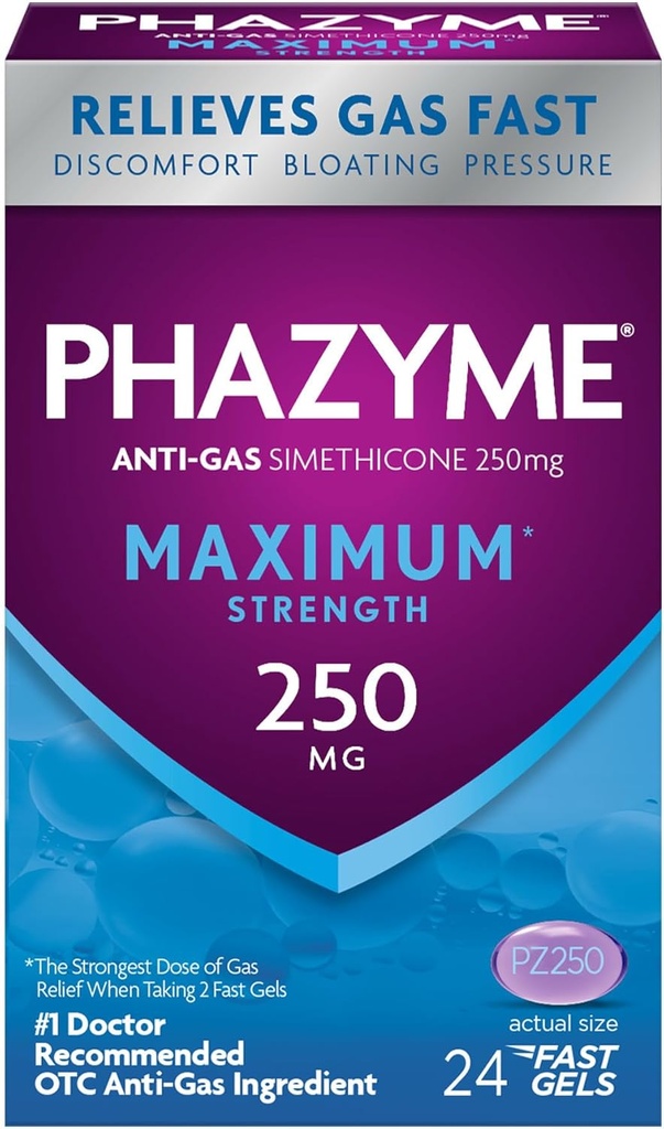 Phazyme Maximum* Concentraţia Anti-Gas 250 mg Simethicone gaz Relief pentru adulţi, Geluri rapide Usor de umezeala, Presiune & Disconfort, Conte 24
