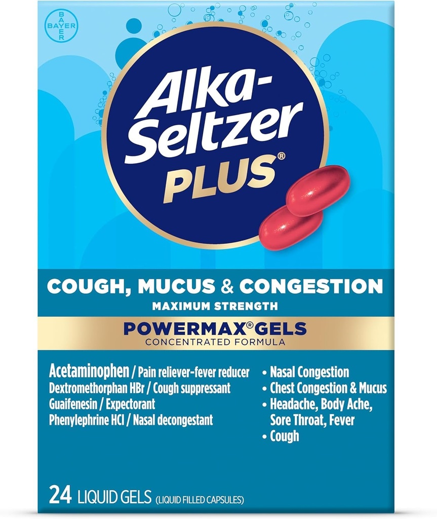 Alka-Seltzer Plus Putere maximă Tuse, Mucus & Congestie Geluri lichide Powermax, Congestionare rapida si eficienta a pieptului, Supresant Tuse, Pentru Adulti si Copii 12 ani si 24 Număr