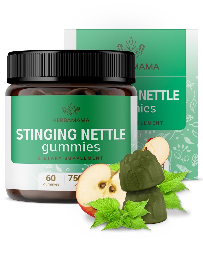 HERBAMAMA Stinging Nettle Gummies - 7500 mg Stinging Nettle Root Extract pentru Suport Tract urinar pentru femei si barbati - Vegan, Non-GMO Urtica Dioica Supliment - 60 Pectin-Based Apple-Flavorate Chews