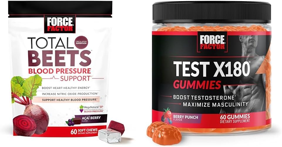Factor de forță Total Sfecla de suport de presiune a sângelui 60 Chews + Test X180 Gummies Testosteron Booster pentru bărbați 60 Gummies