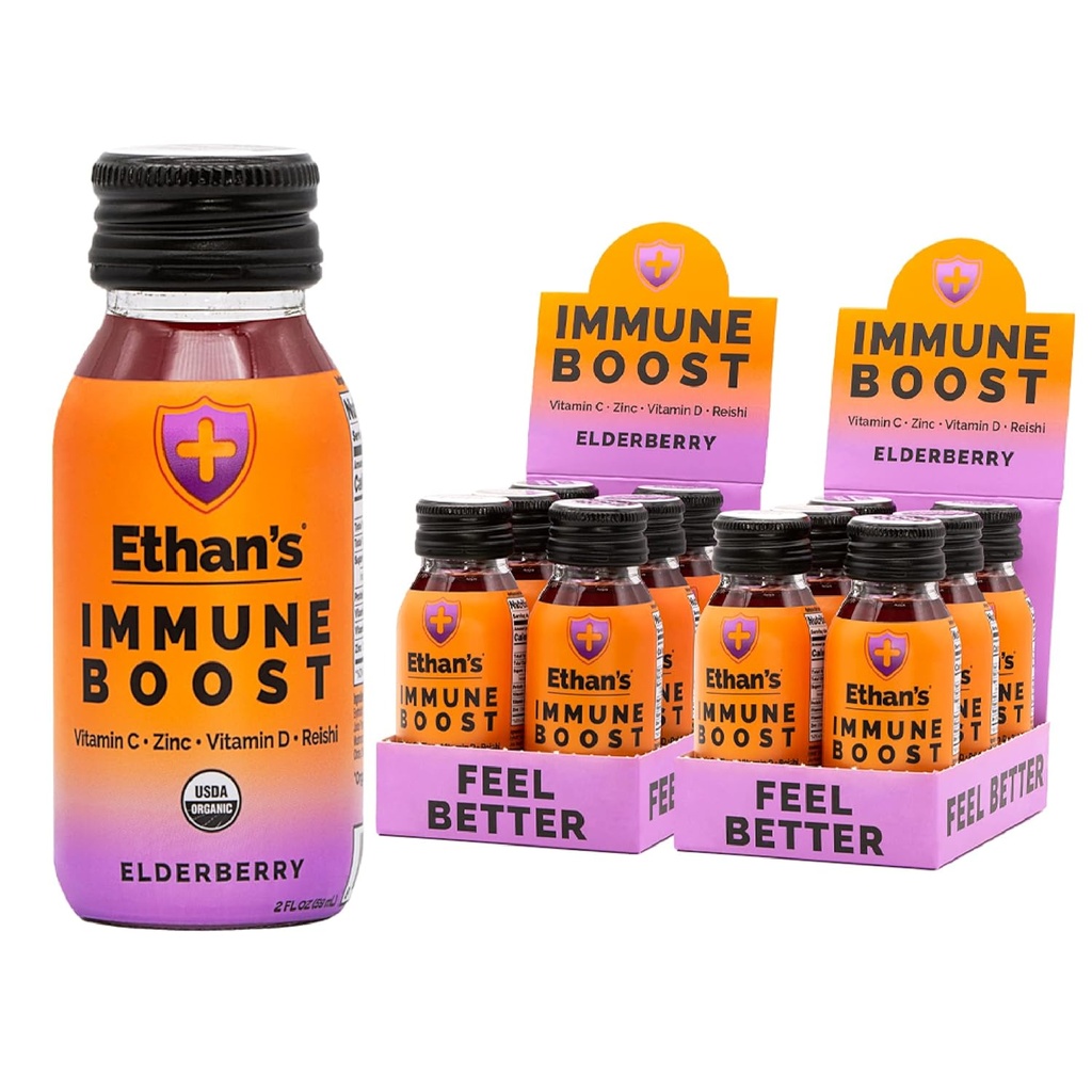 Ethan's Organic Immune Boost Shots, Elderberry Flavor. Simte-te mai bine. Suport pentru imunitate, Made with Real Fruit, Vitamina C, Vitamina D, Reishi, Zinc, with No Added Sugar (12 Pack of 2oz Shots)