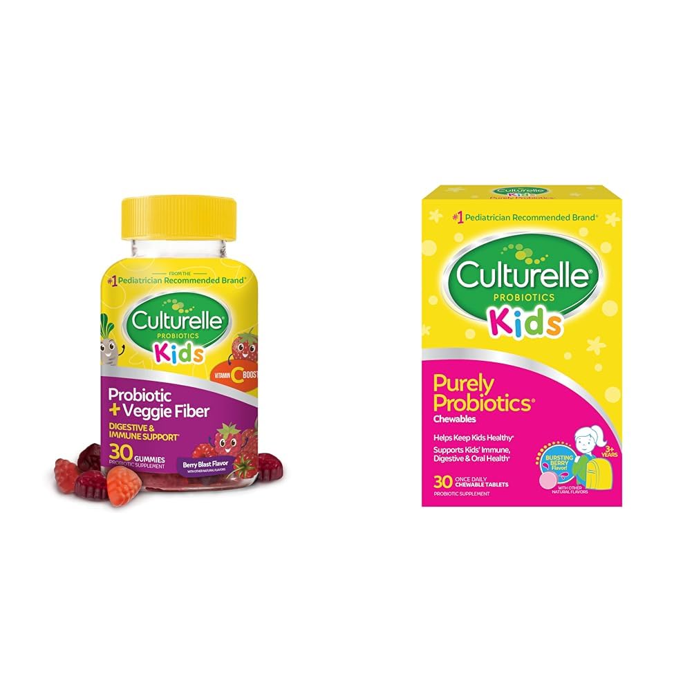 Culturelle Daily Probiotic pentru copii + Veggie Fiber Gummies (Ages 3+) - 30 Count & Kids Chewable Daily Probiotic pentru copii, Vârsta 3+, 30 Conte, #1 Pediatru-Recommend