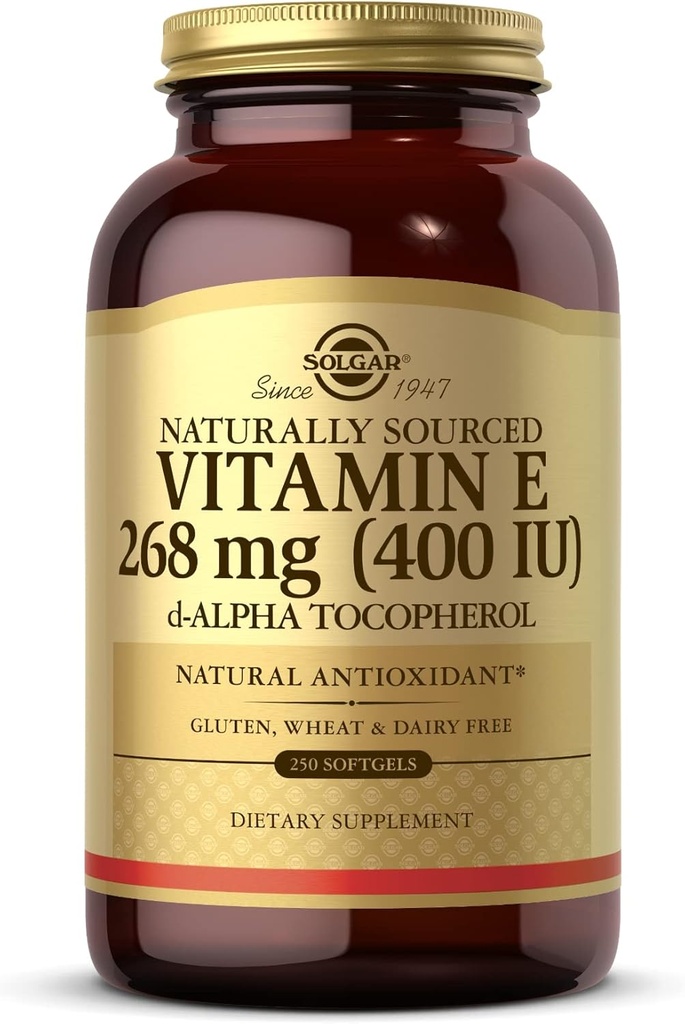 Solgar Vitamina E 268 mg (400 UI) - 250 Softgels - Vitamina E cu sursă naturală ca d-Alpha Tocopherol - Gluten Free, Dairy Free - 250 Servings
