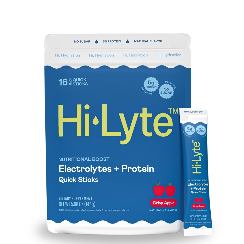 Hi-Lyte Electroliti + Proteine Stick-uri rapide Crisp Apple, 16 Serviri - Sodiu, Potasiu, Proteina Whey - Keto Friendly - 5g Proteina, Nu Zahăr