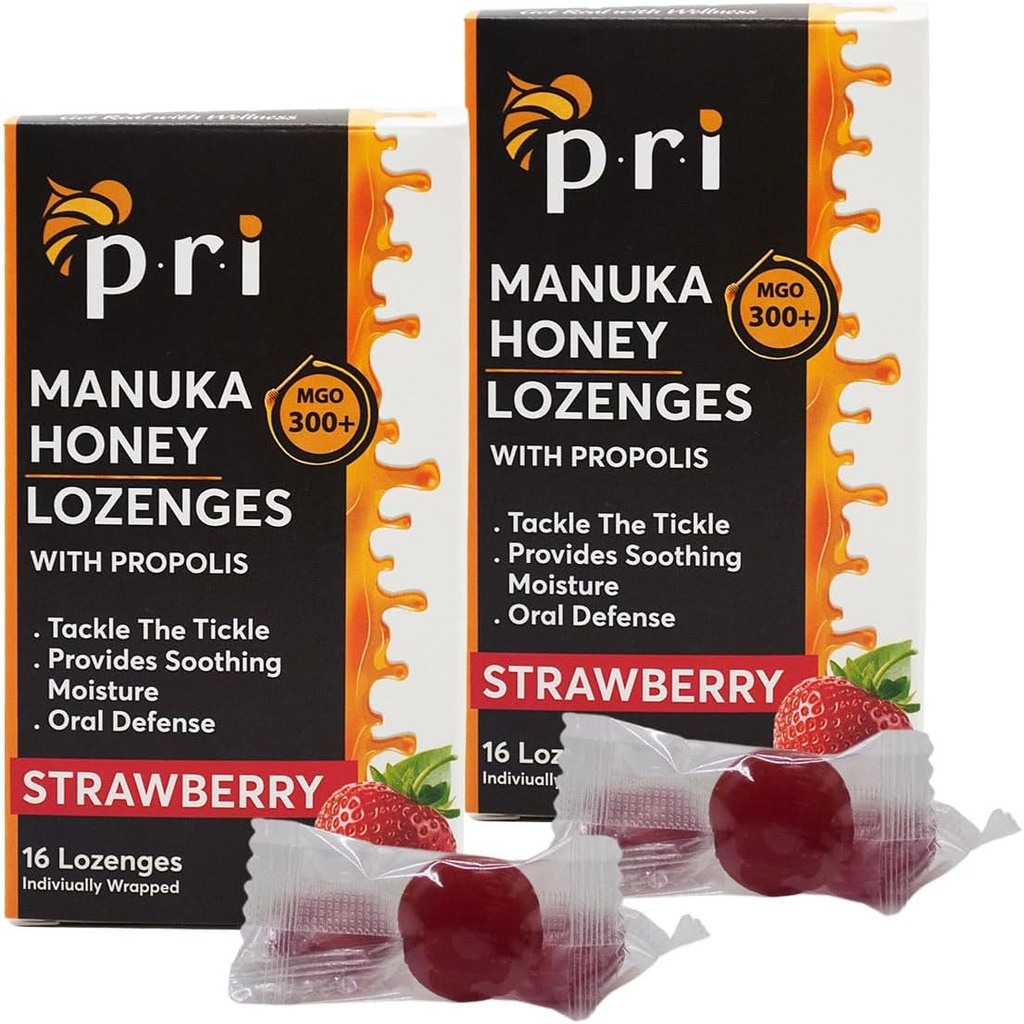 P.R.I Manuka Honey Lozenges cu Propolis, Soothing Cough and Throat Drops, MGO 300+ Certified (Strawberry, 16 Count/2 Pack)