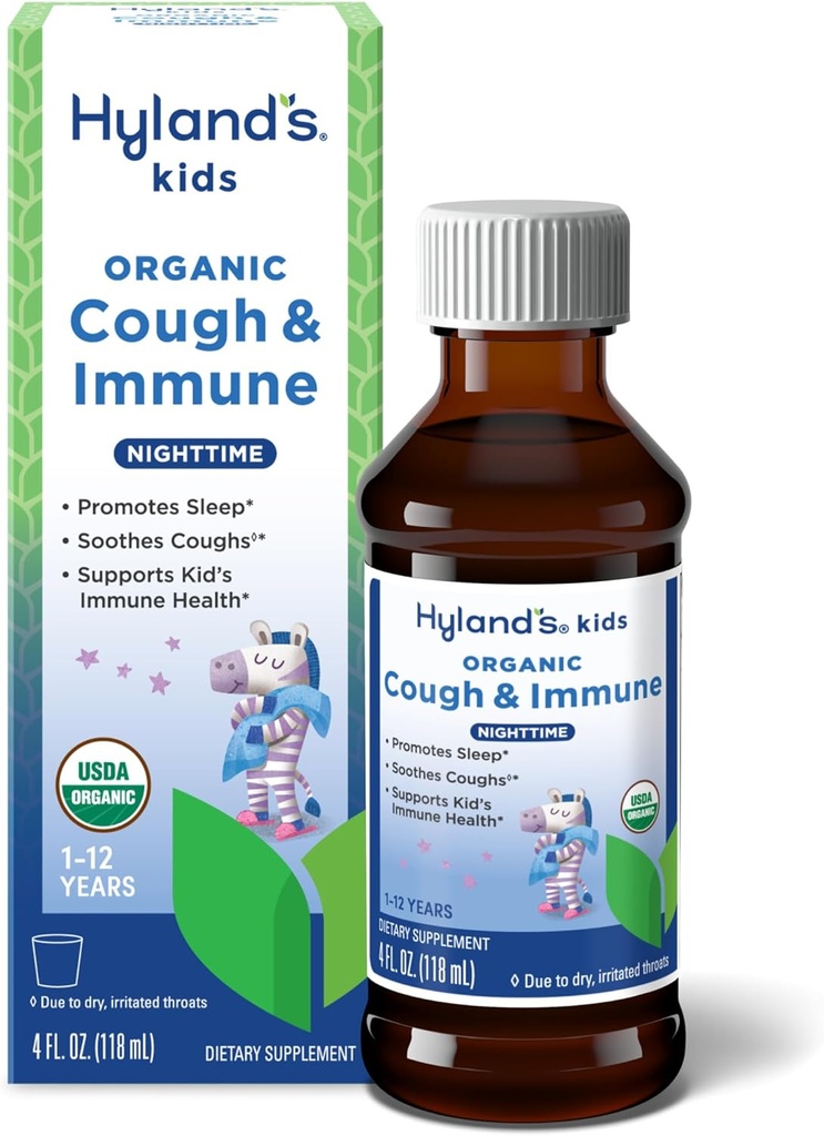 Hyland's Kids Nighttime Organic Cough Syrup and Immune Support with Agave, Elderberry and Pomegranate, Soothes Cough, and Supports Imunity, 4 Fl. Oz.