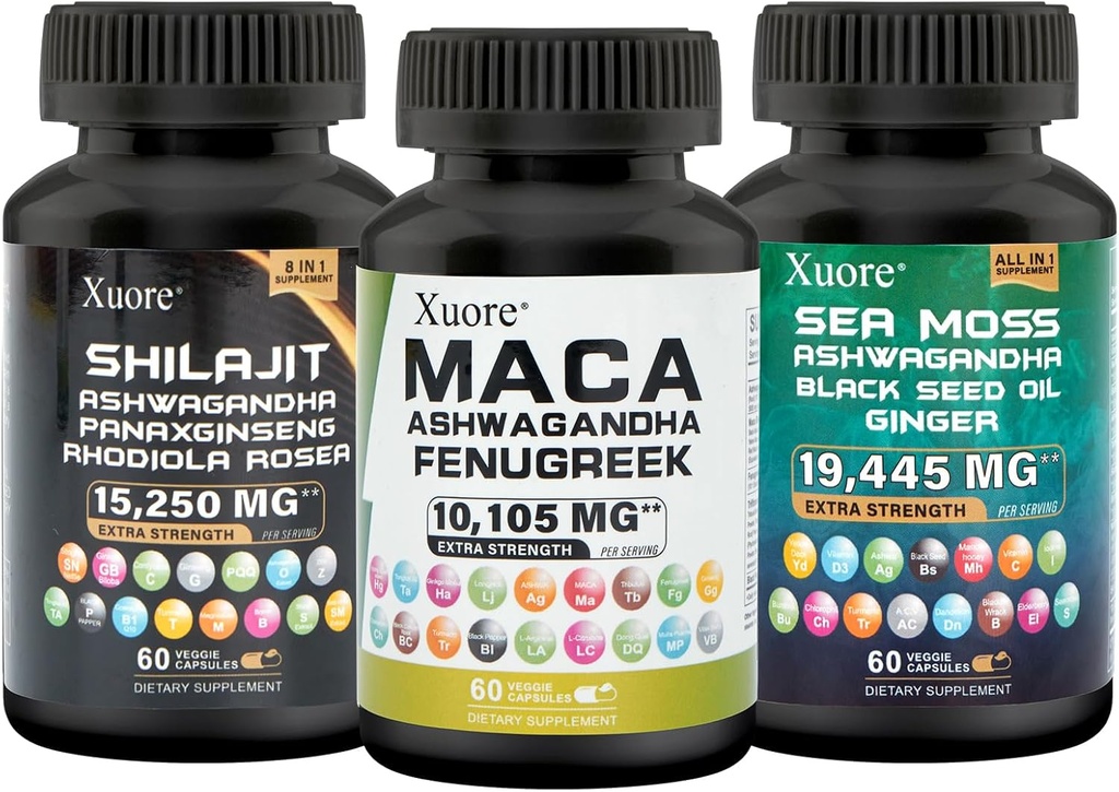 Bundle of Sea Moss,Shilajit,Maca, Black Seed Oil, Ashwagandha, Ginger, Shilajit, Rhodiola Rosea, Panax Ginseng, Maca Root, Fenugreek, Trifibranol100X,Toate într-un singur supliment (1 ambalaj)