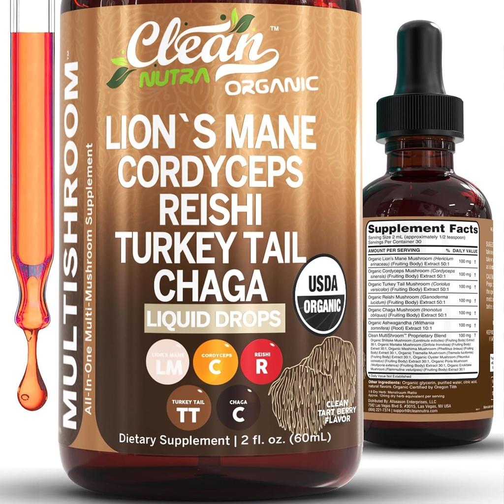 Organic Lions Mane Mushroom Supliment Picături lichide + Turcia Tail Cordyceps Reishi Chaga Shitake Maitake Tremella Oyster Ciuperci Poria și Enokitake Complex Blend de Clean Nutra