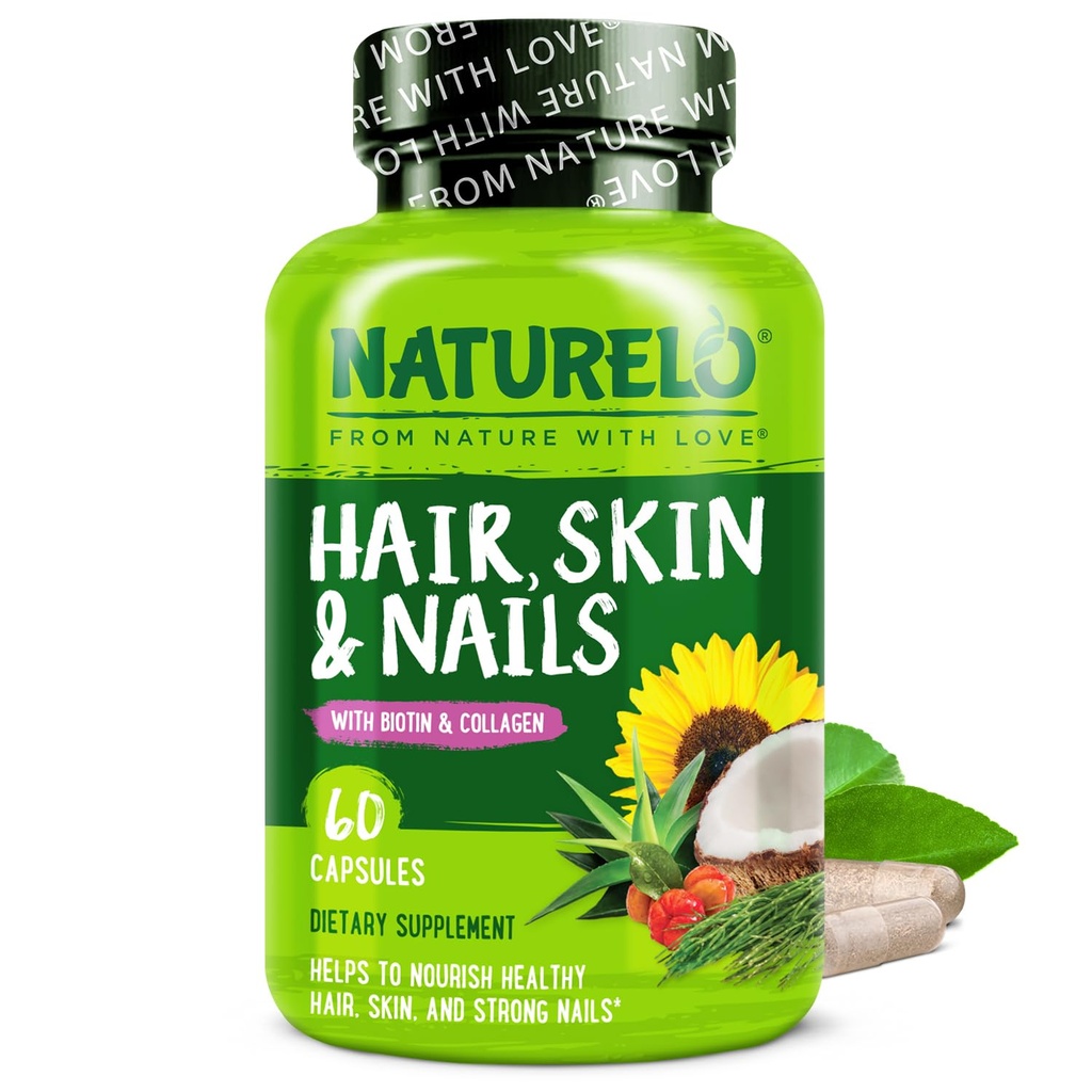 NaturaLO Păr, Piele și unghii Multivitamine - 5000 mcg Biotină, Colagen, Vitamina Naturală E - Supliment pentru Piele Sanatos, Cresterea parului pentru femei si barbati 60 Capsule