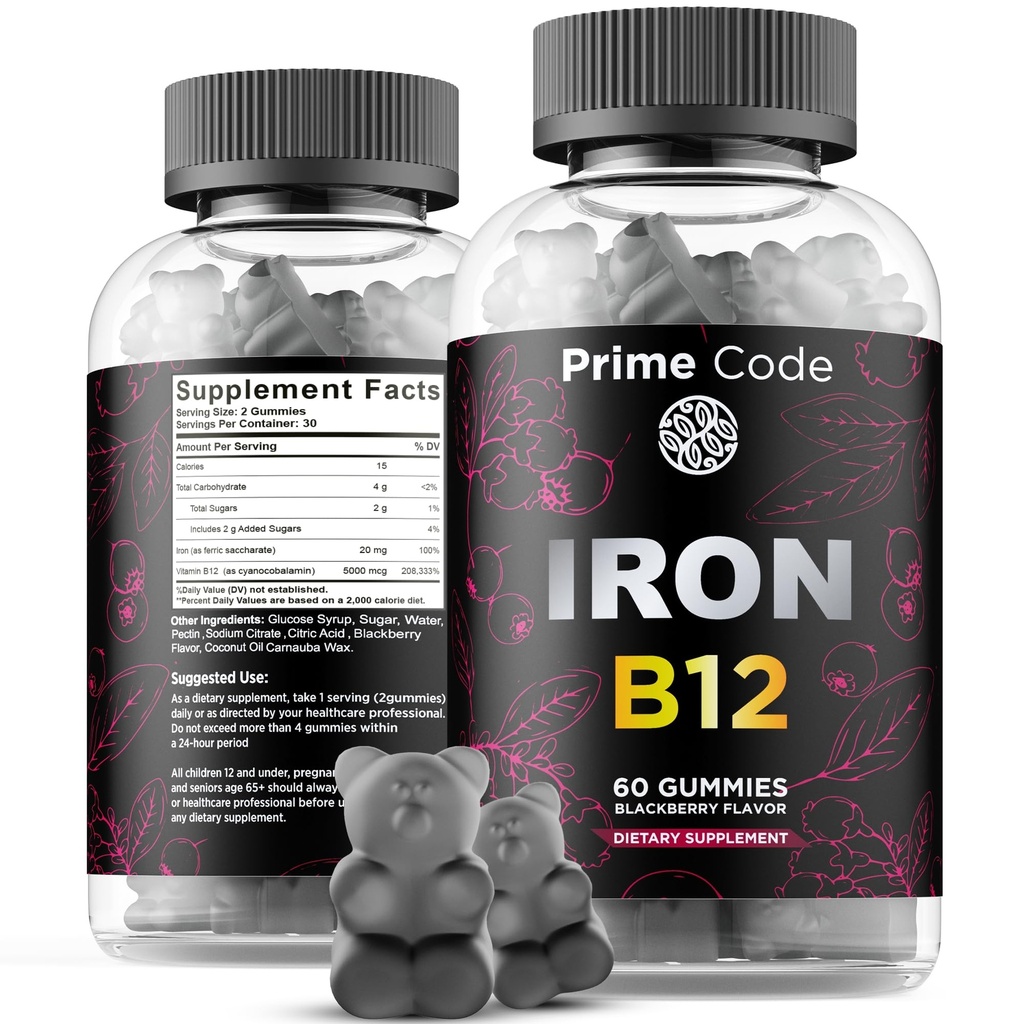 Vitamina B12 Gummies pentru femei si barbati, 20mg Supliment de fier pentru adulti, Builder de sange gratuit pentru anemie, Vitamina B12 Gume cu aroma de fier & naturale Blackberry, Vegan, non-GMO, 30 zile de aprovizionare