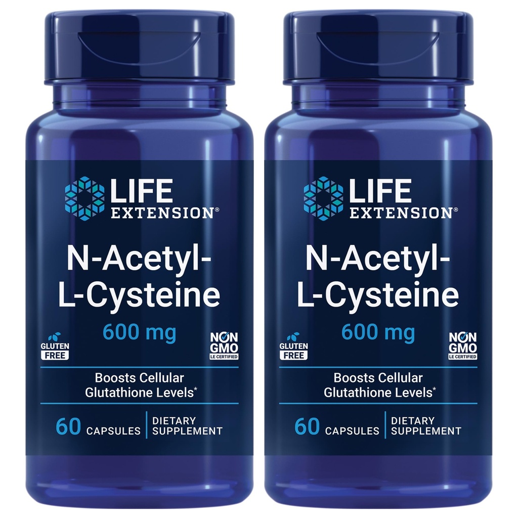Extensie de viaţă N-Acetyl-L-Cysteine (NAC), Răspuns imun, Sănătate respiratorie, Sănătate hepatică, NAC 600 mg, Apărare antioxidantă, radicali liberi, Easy to Absorb - Două Pack x 60 Capsule