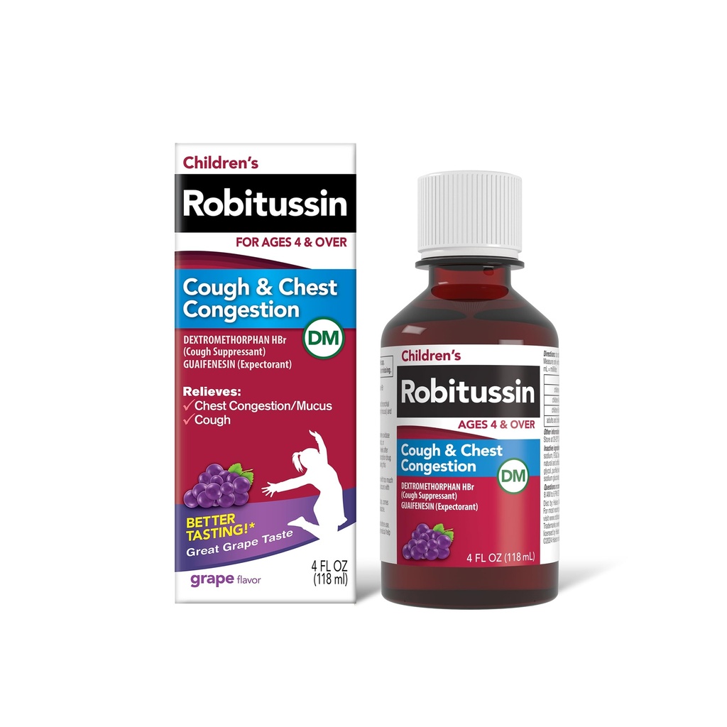 Robitussin Copii Tuse si Congestionare piept DM, Medicina tuse pentru copii, Aroma de struguri - 4 Fl Oz Sticla, 300318715130