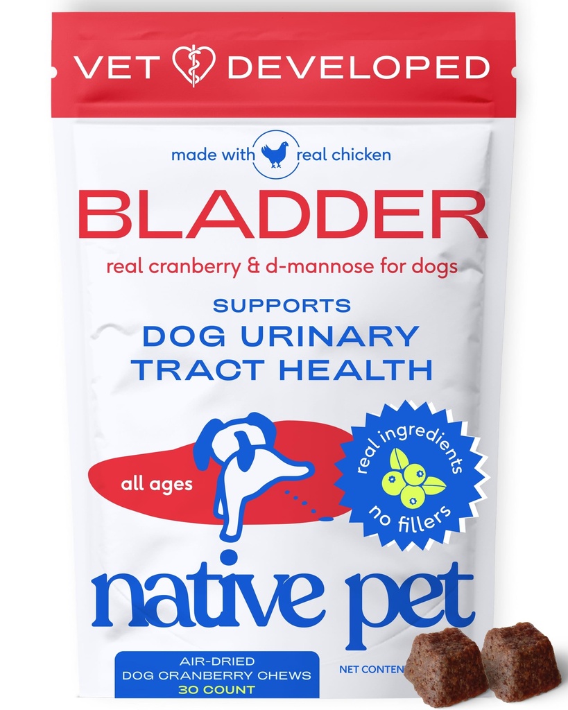 Native Pet Dog UTI Tratamentul - Suplimentul Cranberry pentru câini Controlul vezicii urinare și suport renal - Prevenirea infecției cu tract urinar și incontinență urinară - Made with Real Cranberry Extract - 30 Chews
