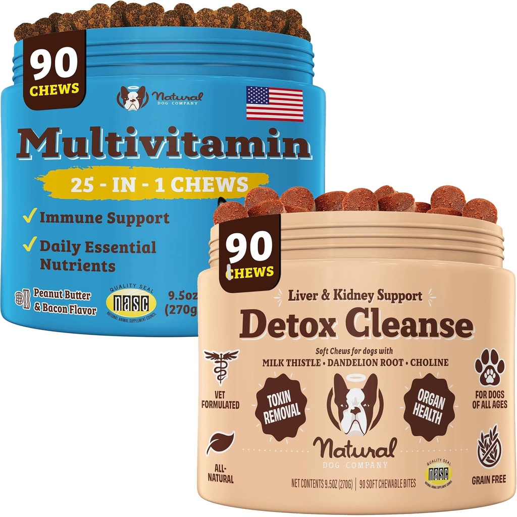 Natural Dog Company Multivitamine & Ficat și rinichi Chews Bundle - Suport complet de sănătate pentru câini în vârstă, Promovează detoxifiere, Digestion îmbunătățit, Radiant Skin & Coat, ușor de administrat
