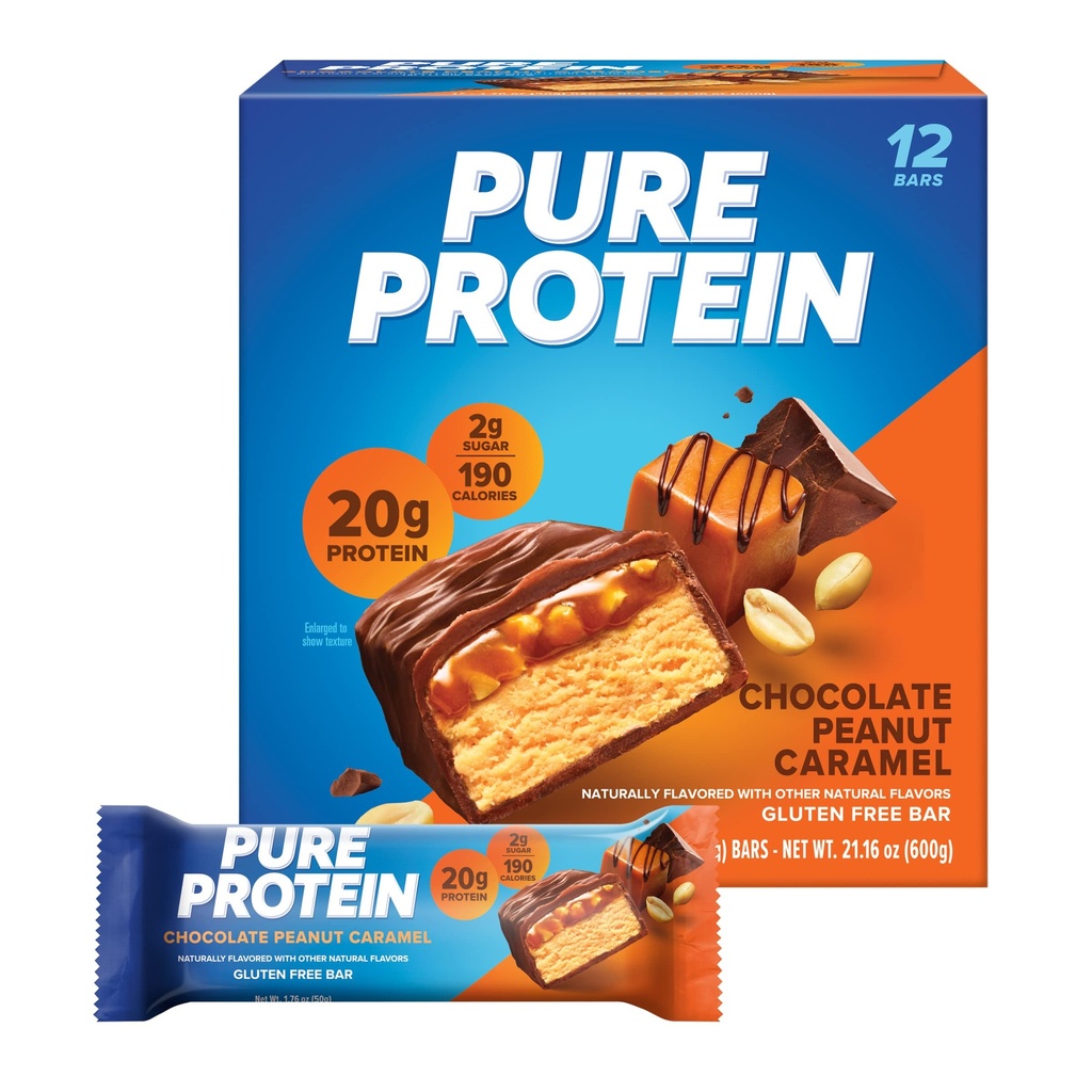 Baruri de proteine pure, proteine mari, gustări nutritive pentru a sprijini energia, zahăr scăzut, gluten gratuit, ciocolată Peanut Caramel, 1.76oz, 12 Conte (Pachetul de 1) (Pachetul de mai Vary)