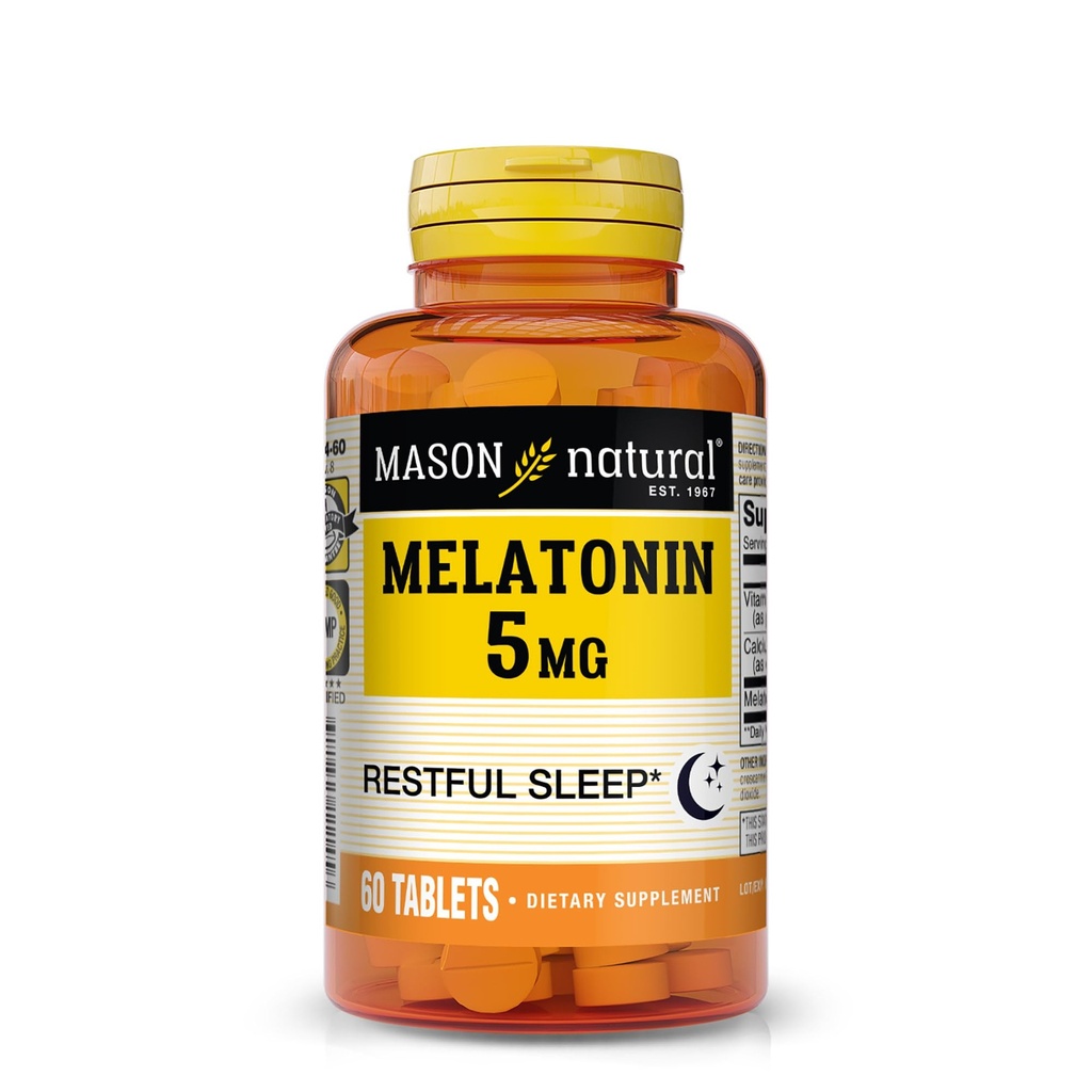 Mason Natural Melatonin 5 mg cu B6 & Calciu, Natural Sleep Aid, Suportă somn odihnitor, 60 comprimate