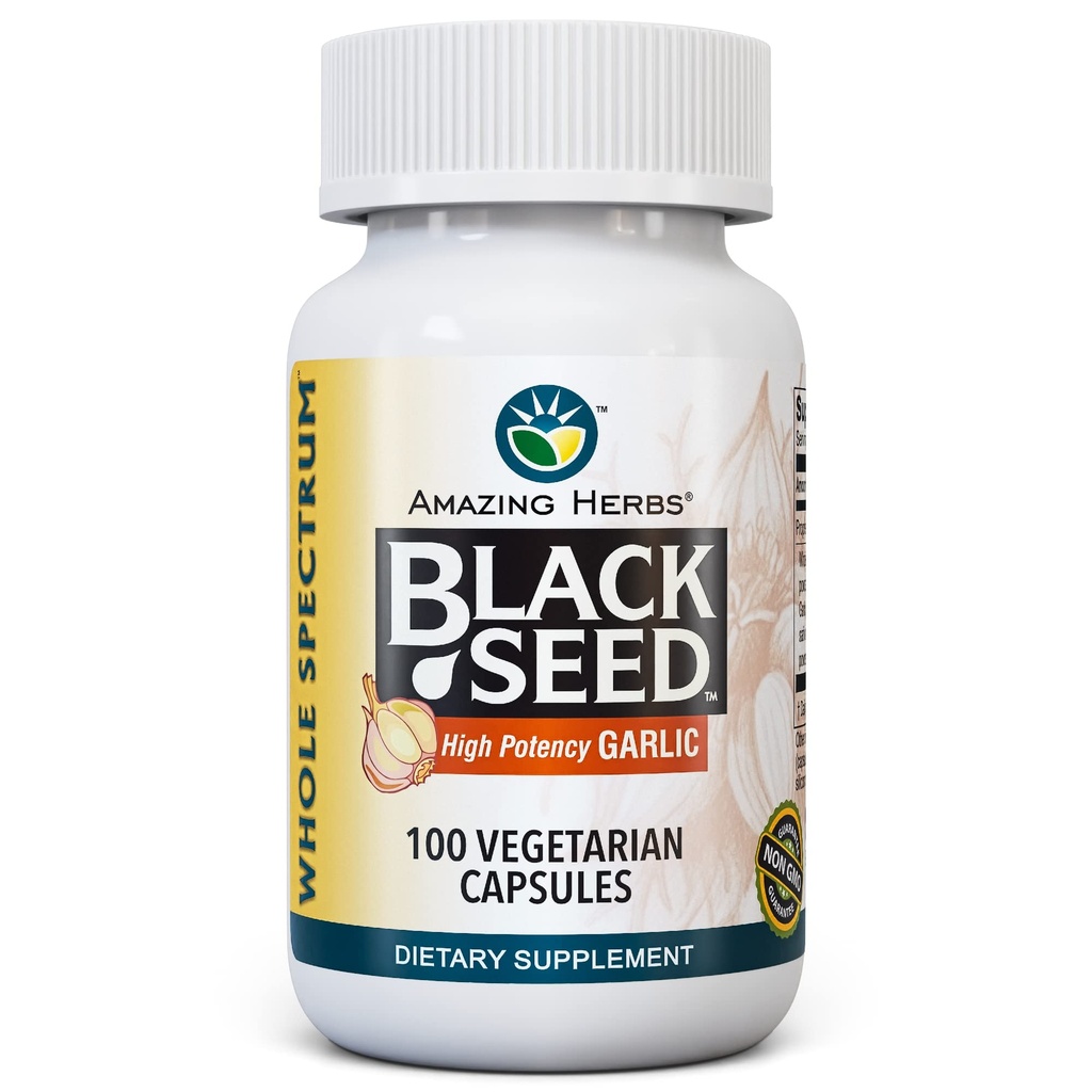 Amazing Herbs Întregul Spectrum Black Seed & High Potency Usturoi, Capsule vegetariane - Gluten-free, non-GMO, Vegan, Sprijină Sistemul Immune, Funcţia Lung, & Sanatate cardiovasculara - 100 Conte