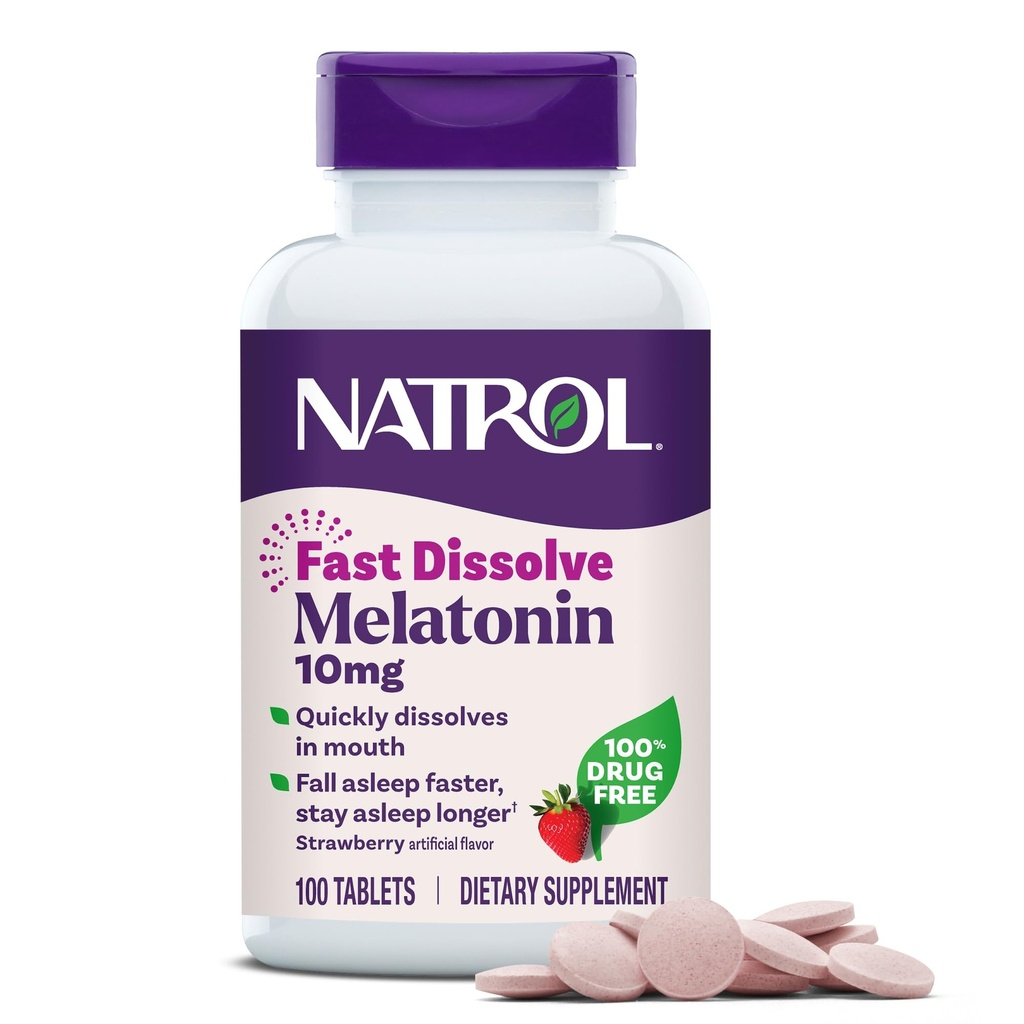Natrol Melatonina 10mg comprimate rapid dizolvare - aromă de căpșuni, 100 Conte, Sleep Support, rapid dizolva Melatonina pentru adulți, 100 de zile de aprovizionare