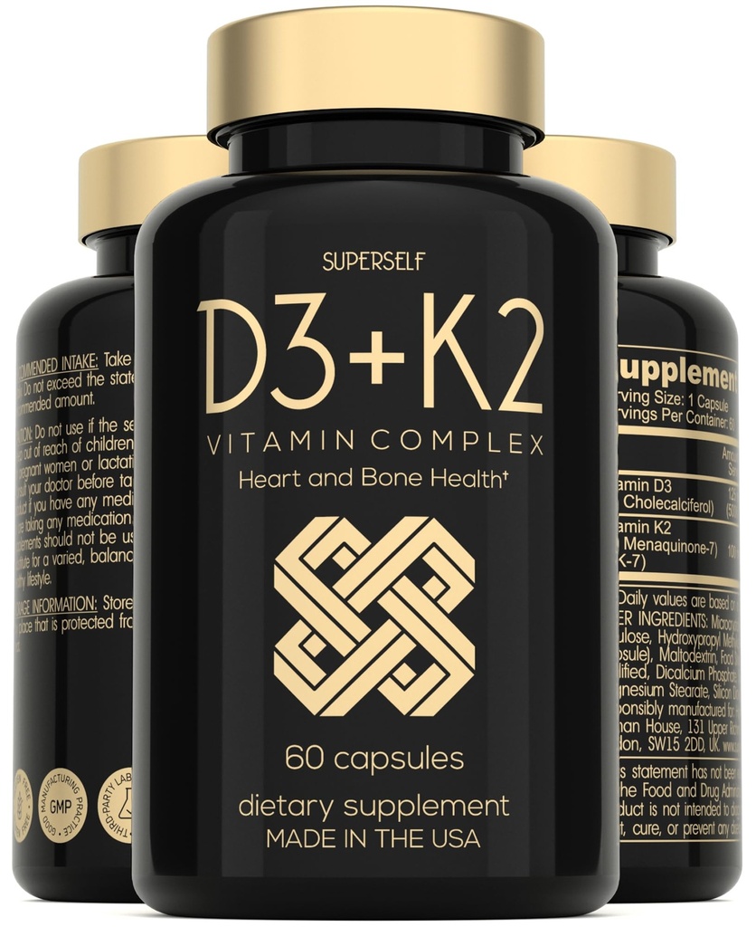 Vitamina D3 Capsule K2 - Vitamina D3 5000 UI şi vitamina K MK7 100mcg - 60 capsule - Statele Unite ale Americii Made Vegetarian Vitamina D Supliment - VIT de înaltă rezistență D pentru oase, mușchi, dinți, sistem imunitar