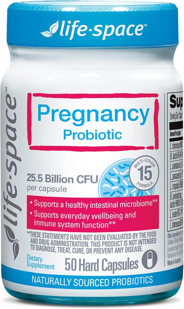 Sarcina Life-Space Probiotic, 25,5 Miliarde CFU & 15 Tulpini Probiotice pentru femei, dovedit clinic pentru Digestive mamei și copilului, Imun, și sănătatea pielii, 50 Capsule