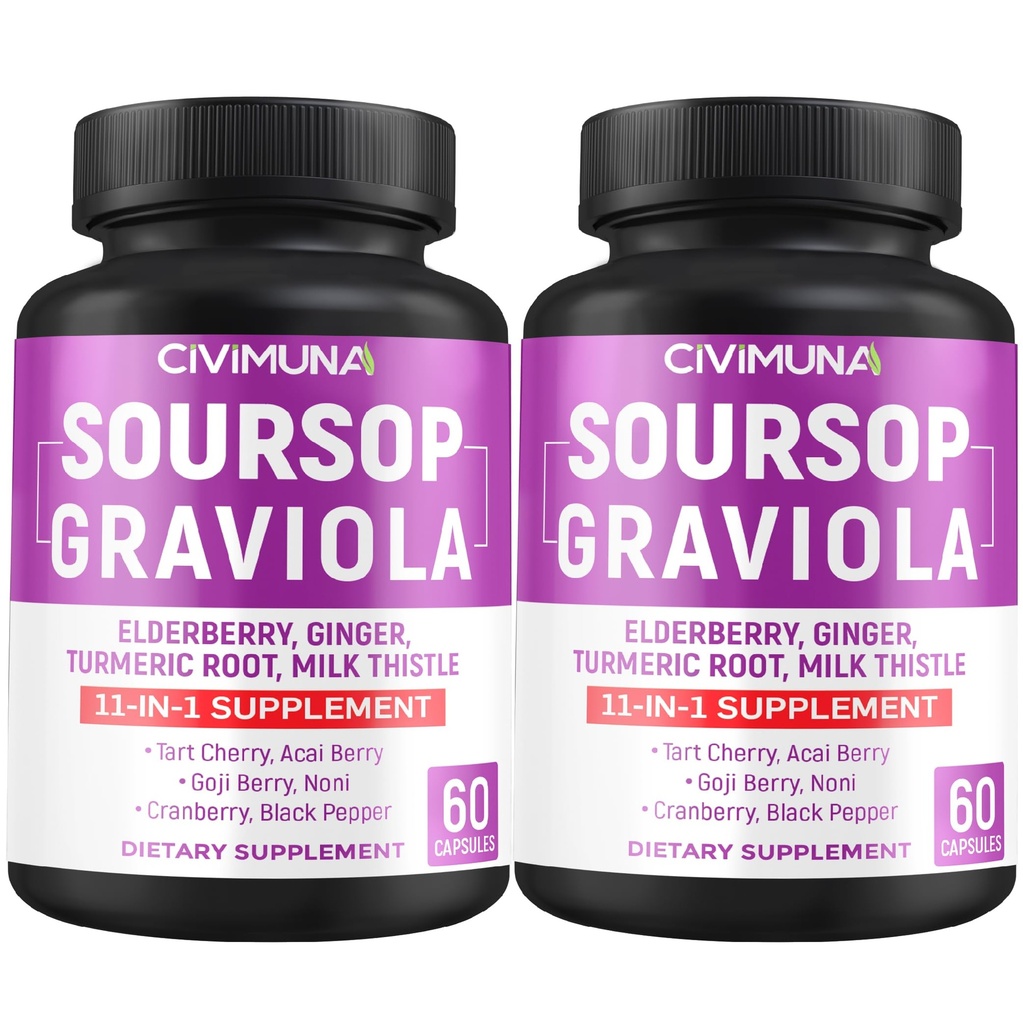 Soursop Graviola Capsule cu elderberry, Curcumin Turmeric și mai mult - 120 capsule pentru 4 luni de aprovizionare (Pachet de 2)