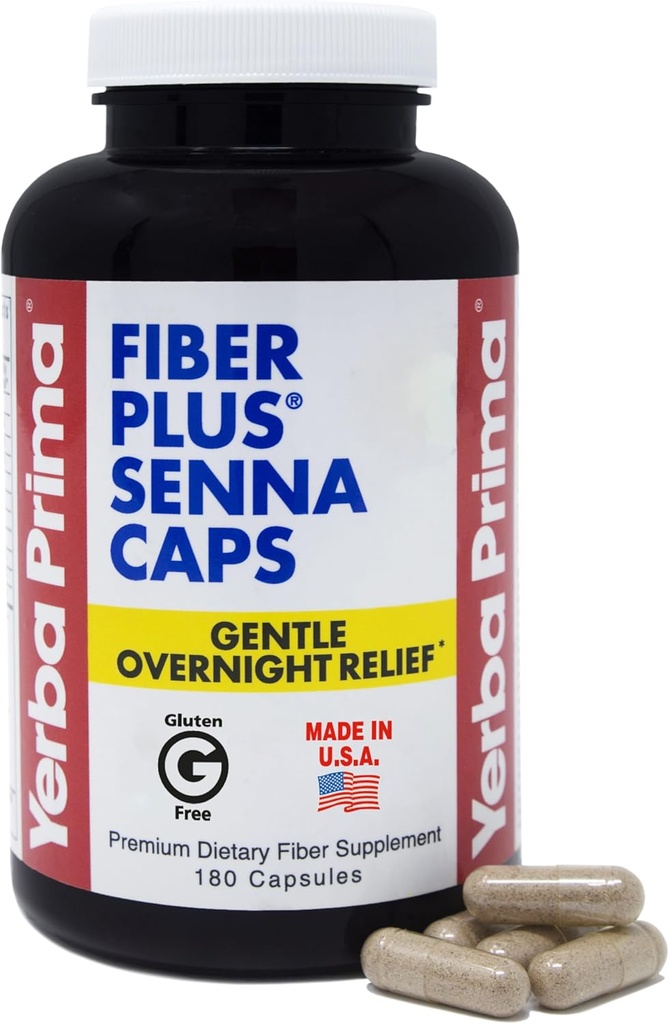 Yerba Prima Fiber Plus Senna Capsule, 180 Conte - Utilaj blând peste noapte, Statele Unite ale Americii Made, Non-GMO, pentru utilizarea pe termen scurt pentru a restabili regularitate