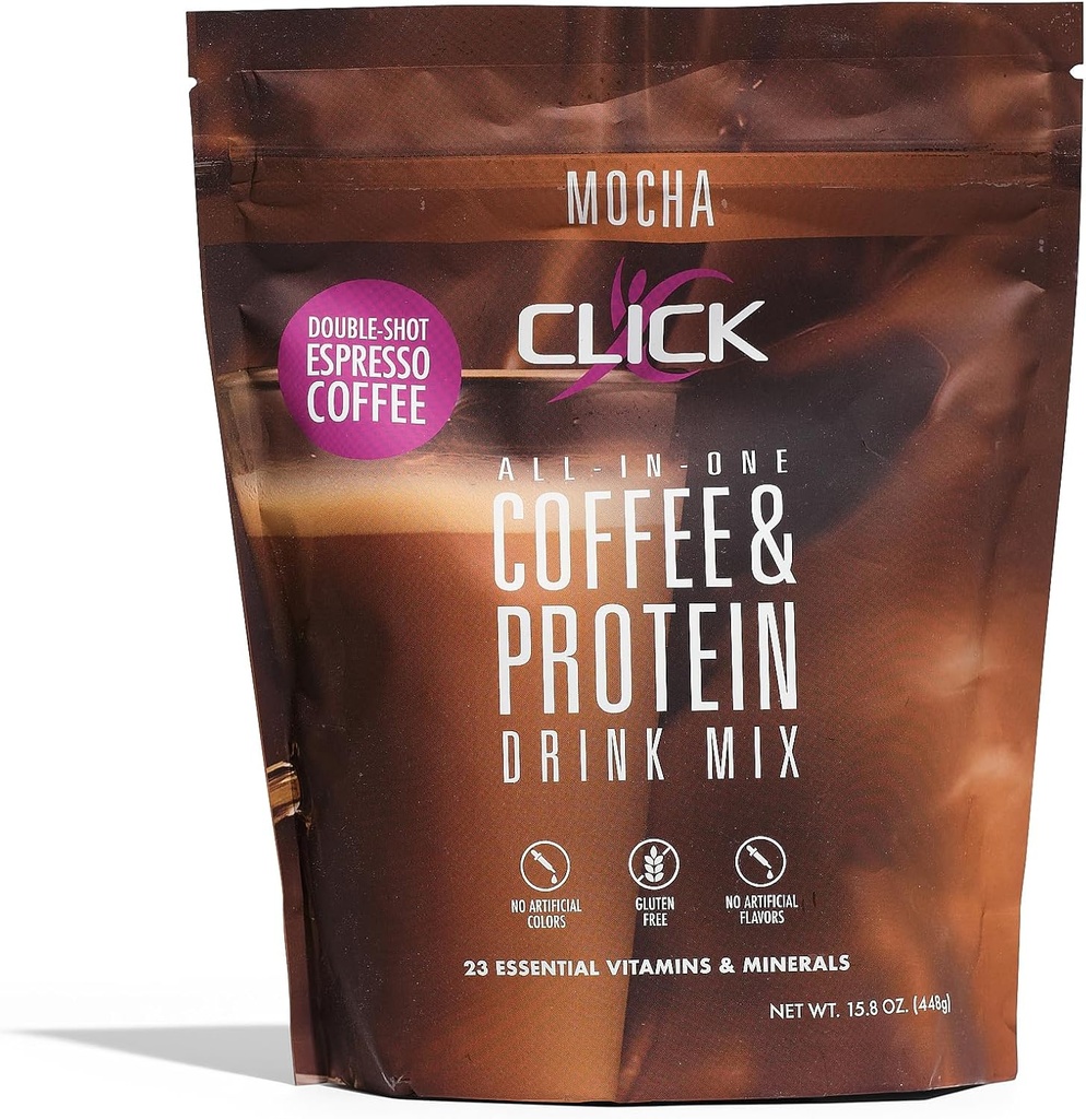 Faceți clic pe proteine de cafea, proteine și cafea reală All-in-One, de înlocuire de masă Nutriție băutură, Aroma Mocha, 23 Vitamine esențiale, Double Shot Espresso cafea, fierbinte sau rece, 15.8-Ounce
