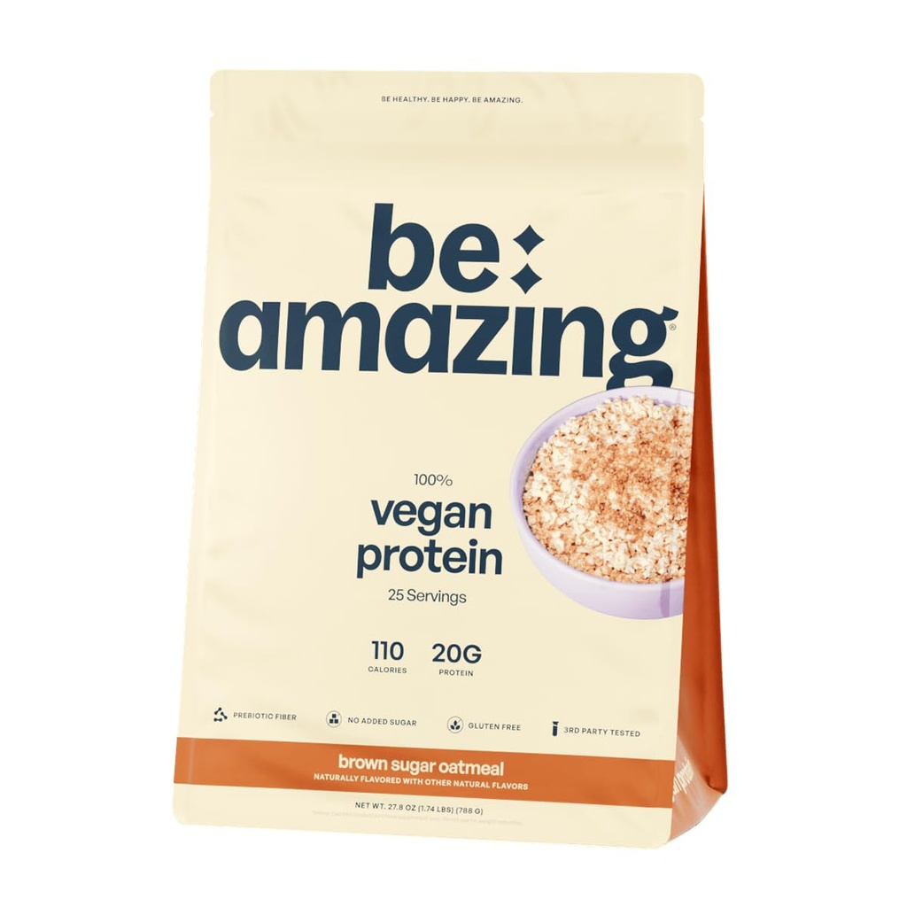 BE AMAZING pudra de proteine Vegan, fulgi de ovăz maro de zahăr, 20g de proteine pe bază de plante cu fibre prebiotice, carbohidrat scăzut, lactate și gluten Free Shake Mix, fără adaos de zahăr, 29.3 oz, 25 Serviri