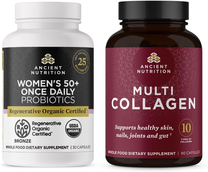 Nutriție antică Regenerative Organic Certified femei 50 + Probiotice capsule, 30 Conte + Multi Colagen capsule, 90 Serviri conte