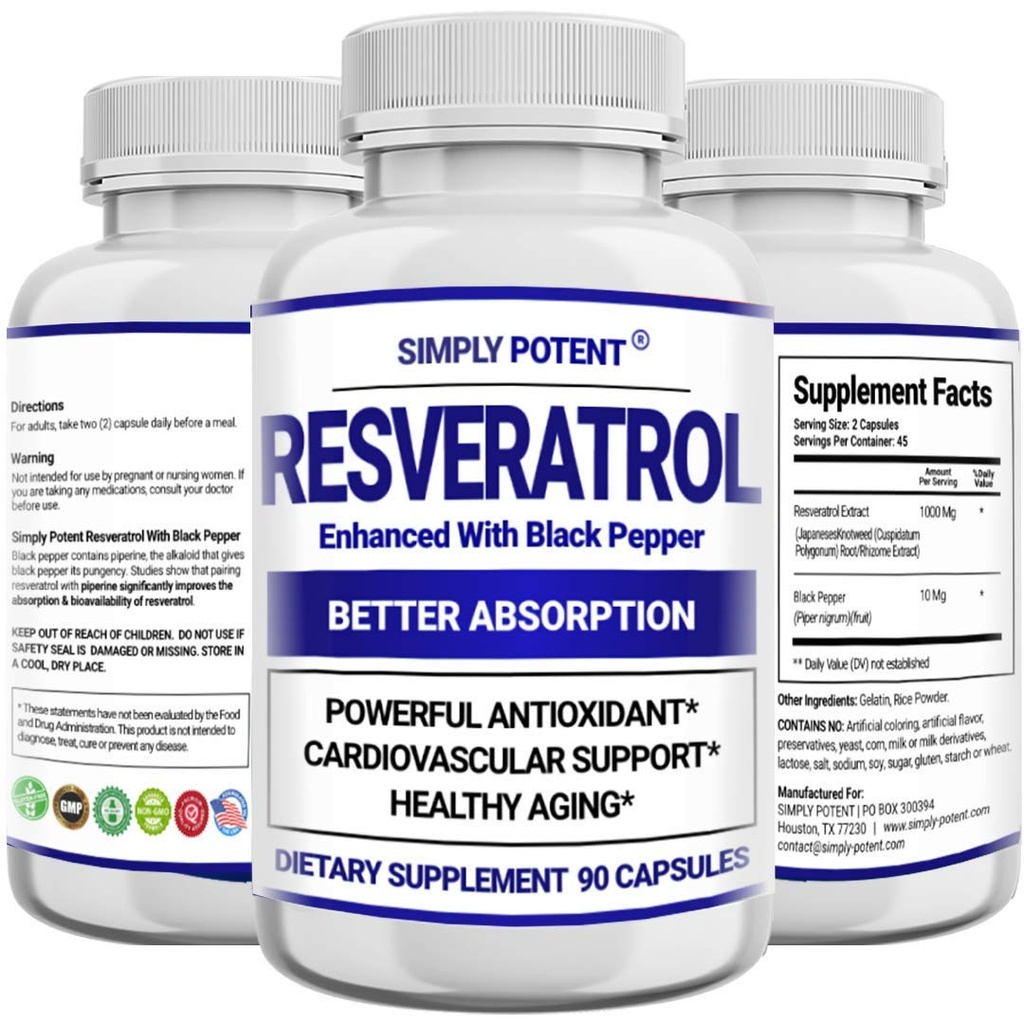Resveratrol 1000mg Supliment, Trans Resveratrol 500mg, Resveratrol imbunatatit cu Pepper negru pentru absorbtie maxima, puternic antioxidant si anti- imbatranire pastile pentru inima, Imuna si sanatatea pielii, 90 capsule