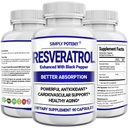 Resveratrol 1000mg Supliment, Trans Resveratrol 500mg, Resveratrol imbunatatit cu Pepper negru pentru absorbtie maxima, puternic antioxidant si anti- imbatranire pastile pentru inima, Imuna si sanatatea pielii, 90 capsule
