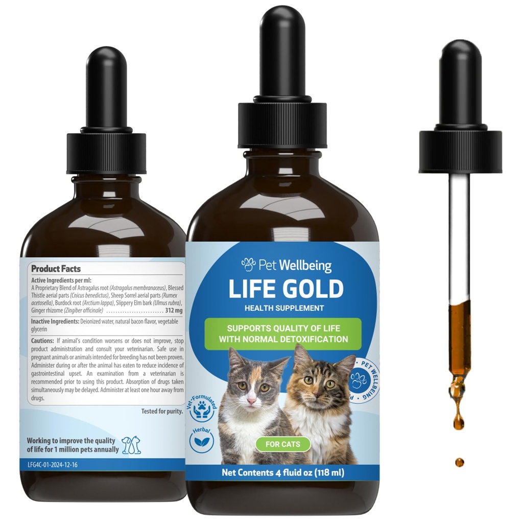 Pet Wellbeing Life Gold pentru pisici - Suportă detoxifiere, Immune System Health, Antioxidanti - Vet-Formulate Herbal Supplement 4 oz (118 ml)