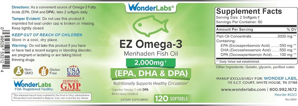 EZ Omega-3 Atlantic Menhaden Fish Oil Supplement 2000 mg, Burpless, Made in the USA, Perfect Echilibru de EPA. DHA + DPA 120 Softgels