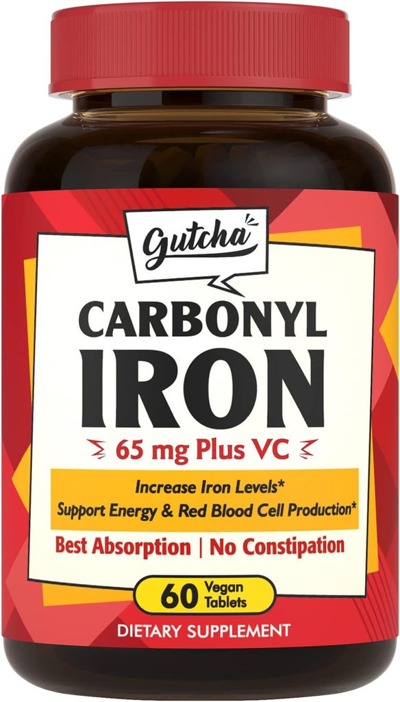 Supliment de fier, 65 mg Carbonyl fier Plus Vitamina C, Energie & sânge Suport pentru femei şi bărbaţi, O mai bună absorbţie, Blând pe stomac, Nu Greaţă, Nu Constipaţie, Vegan, Non-GMO, 60 Ct
